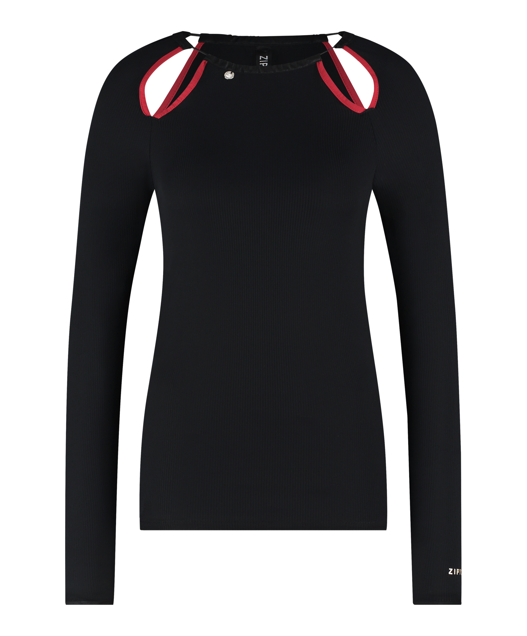 Zip73 Top Cut-out Zwart/lipstick Red W24/628/02/019 T-shirt Lange Mouw 019 Zwart/lipstick Red