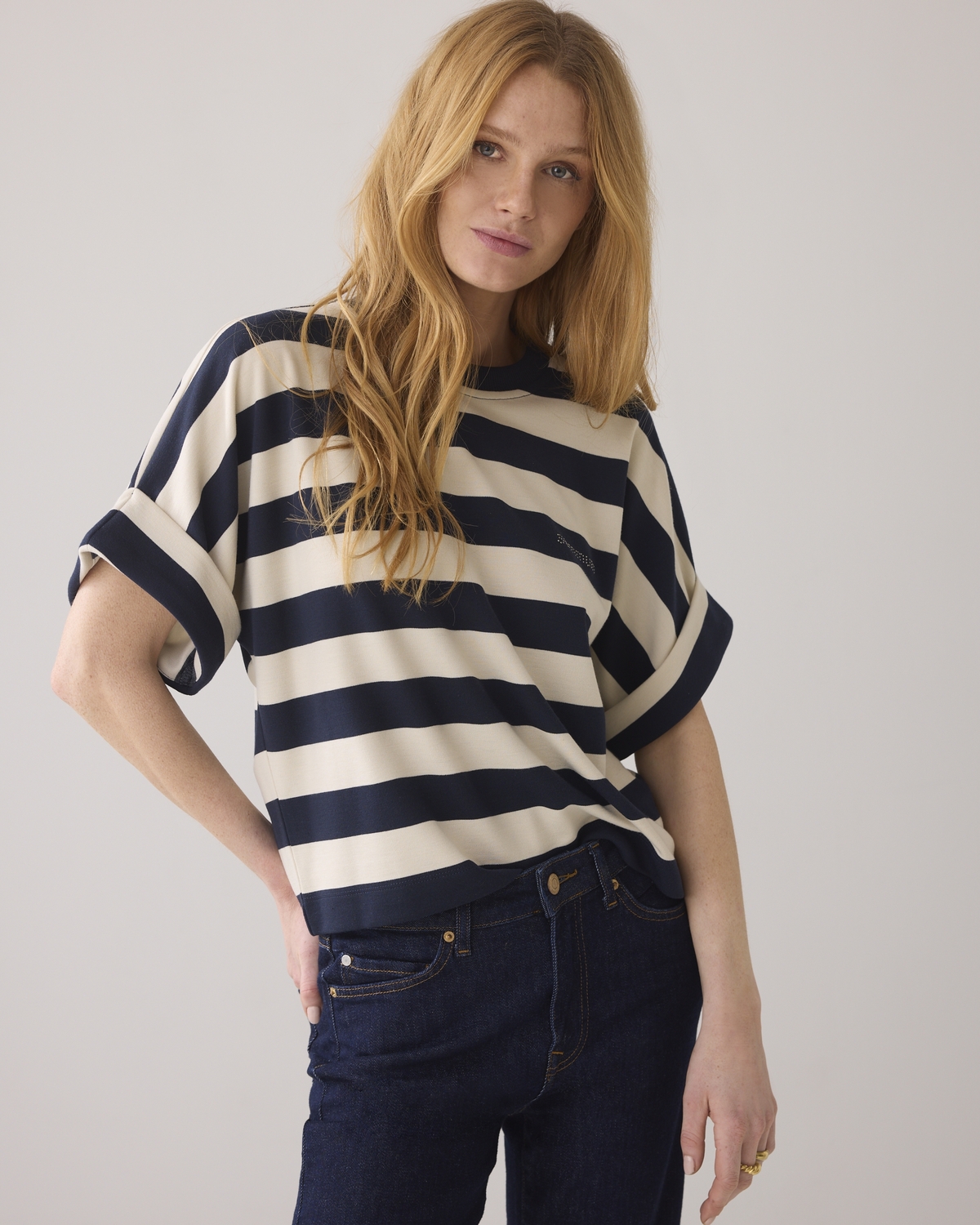 Summum Boxy Top Big Stripe Heavy Jersey 3s5112-30681 T-shirt Korte Mouw 480 Navy Noir