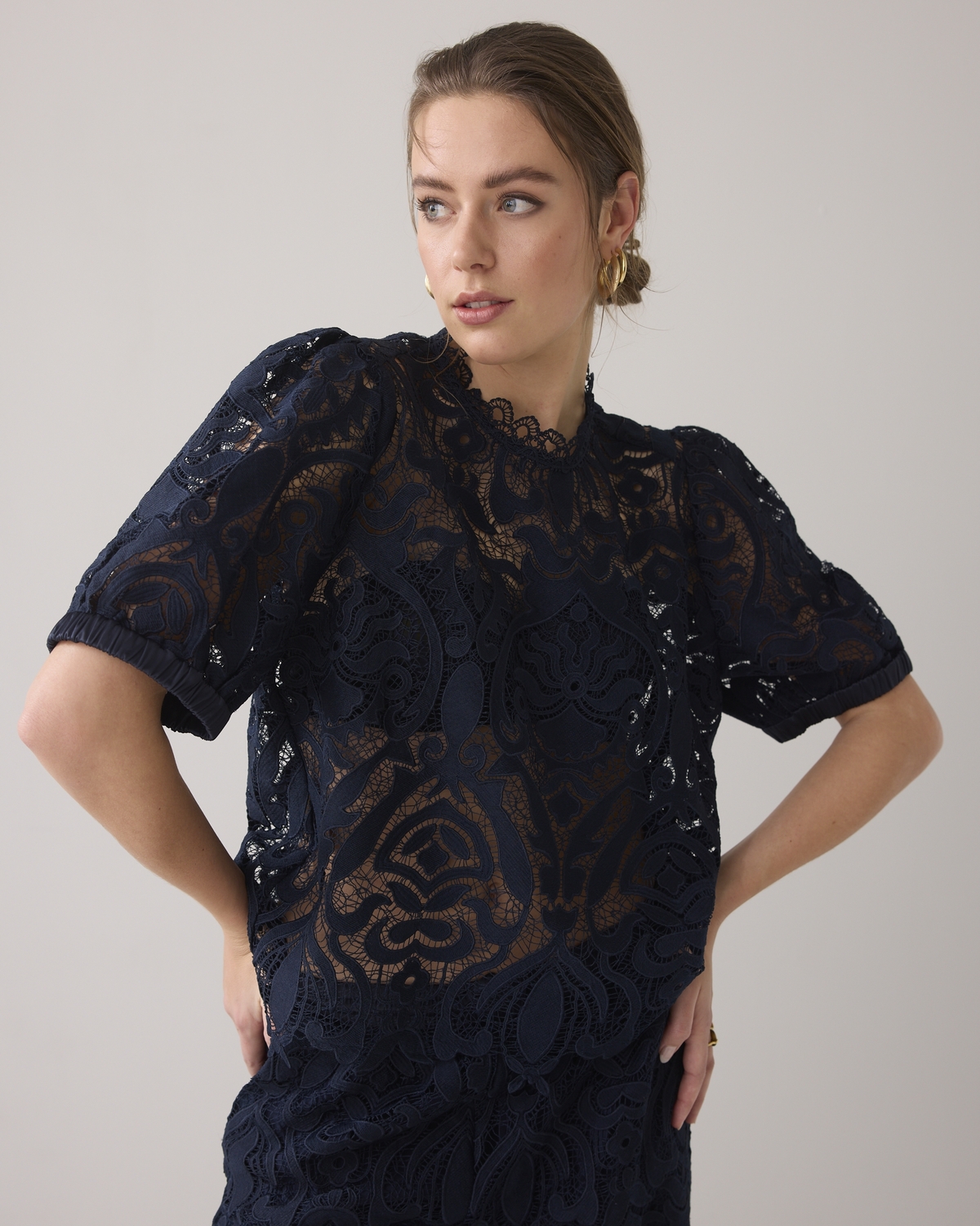 Summum Short Sleeve Top Lace T-shirt Lange Mouw 480 Navy Noir