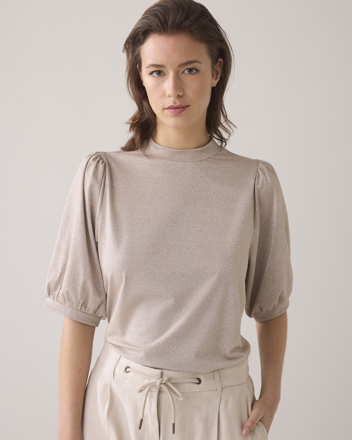 Summum Short Sleeve Top Soft Lurex Jersey T-shirt Korte Mouw 702 Pebble Beige