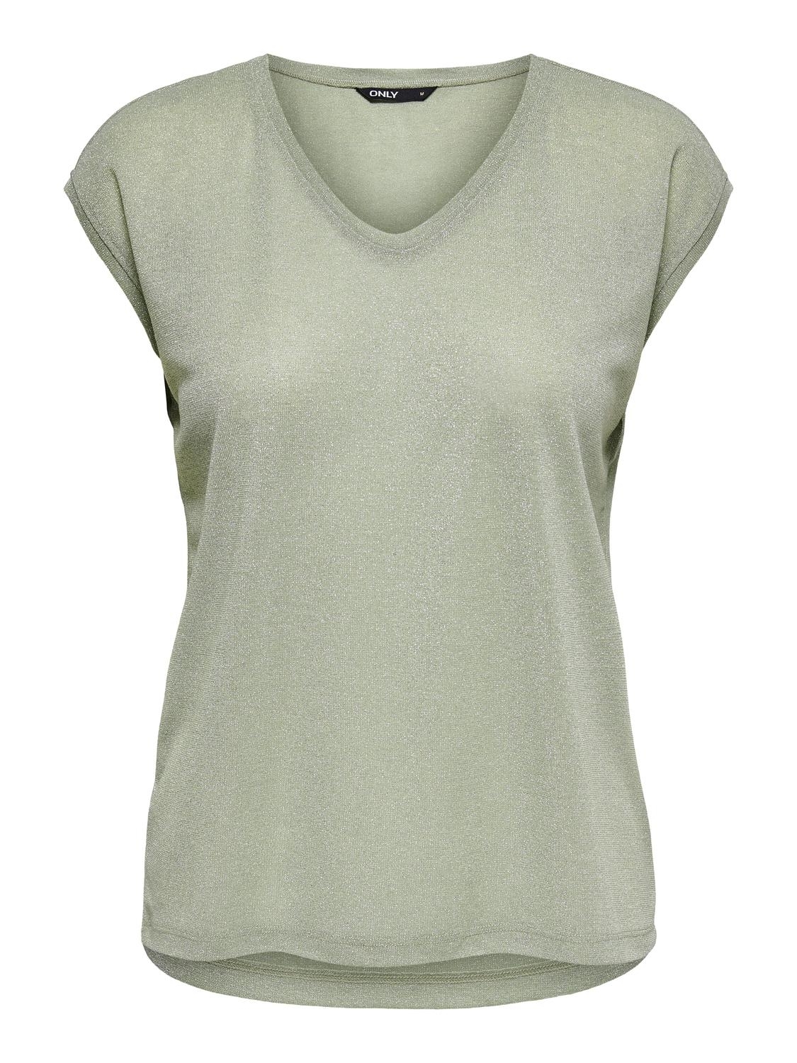 Only Onlsilvery S/s V Neck Lurex Top Jrs Noos T-shirt Korte Mouw Desert Sage