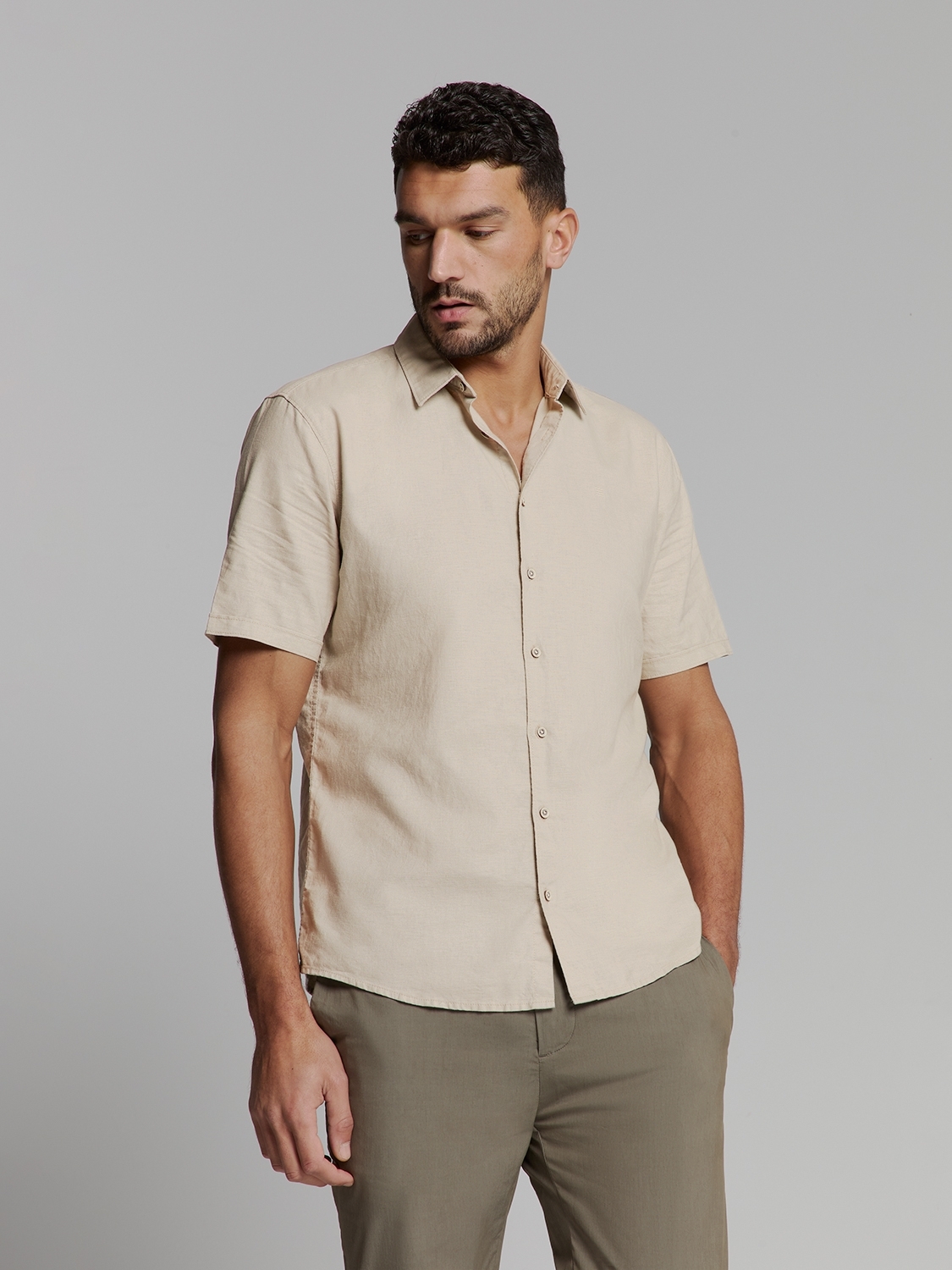 No- Excess Shirt Short Sleeve Solid With Linen Overhemd 310 Light Desert