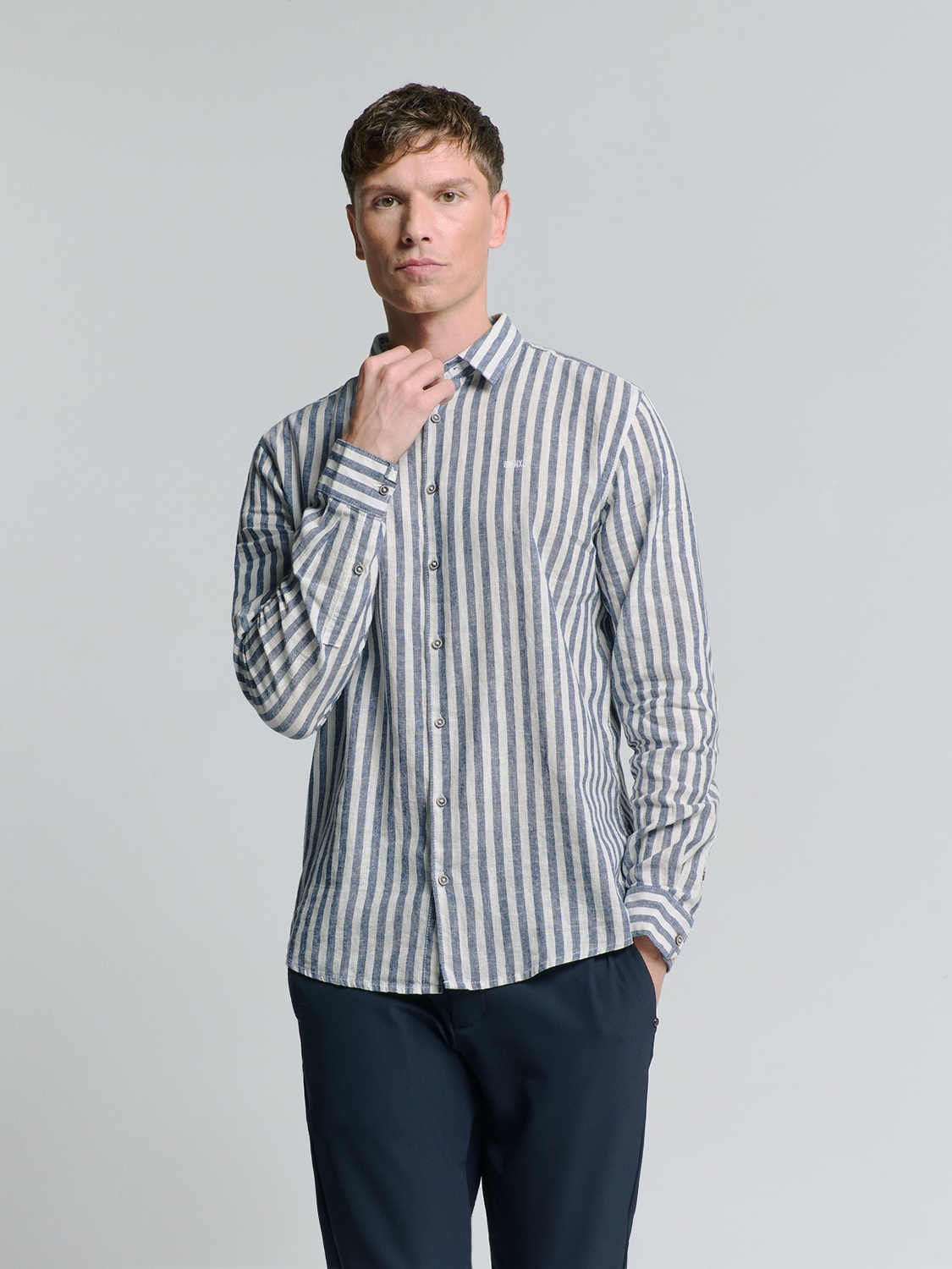 No- Excess Shirt Verical Big Stripes With Linen Overhemd 136 Indigo Blue