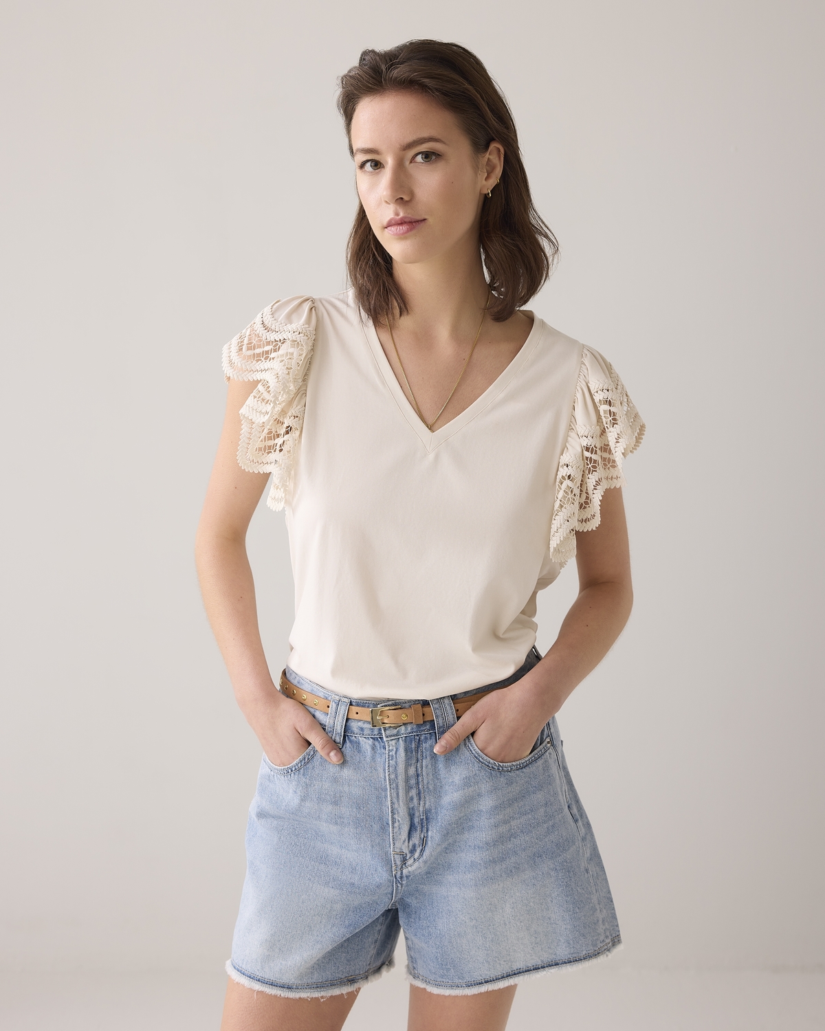 Summum Butterfly Sleeve Top With Lace 3s5025-30609 T-shirt Korte Mouw 122 Ivory