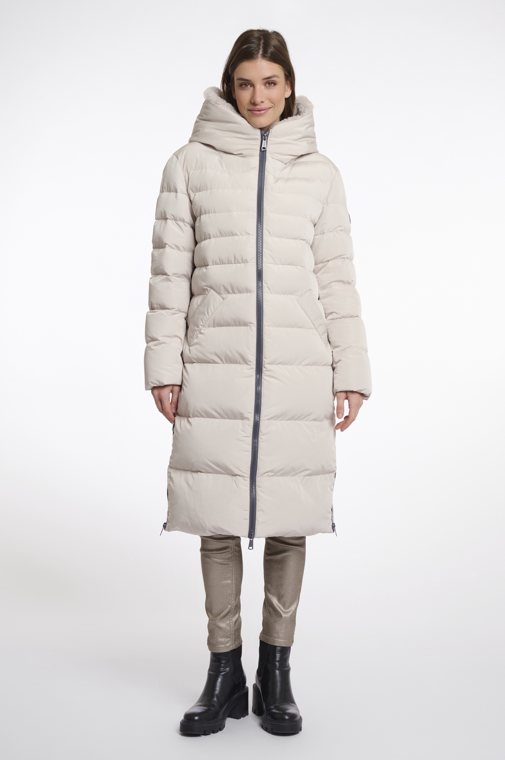 Rino Pelle Keilafur.7002511 Long Padded Hooded Coat Winterjassen 10509 Stone