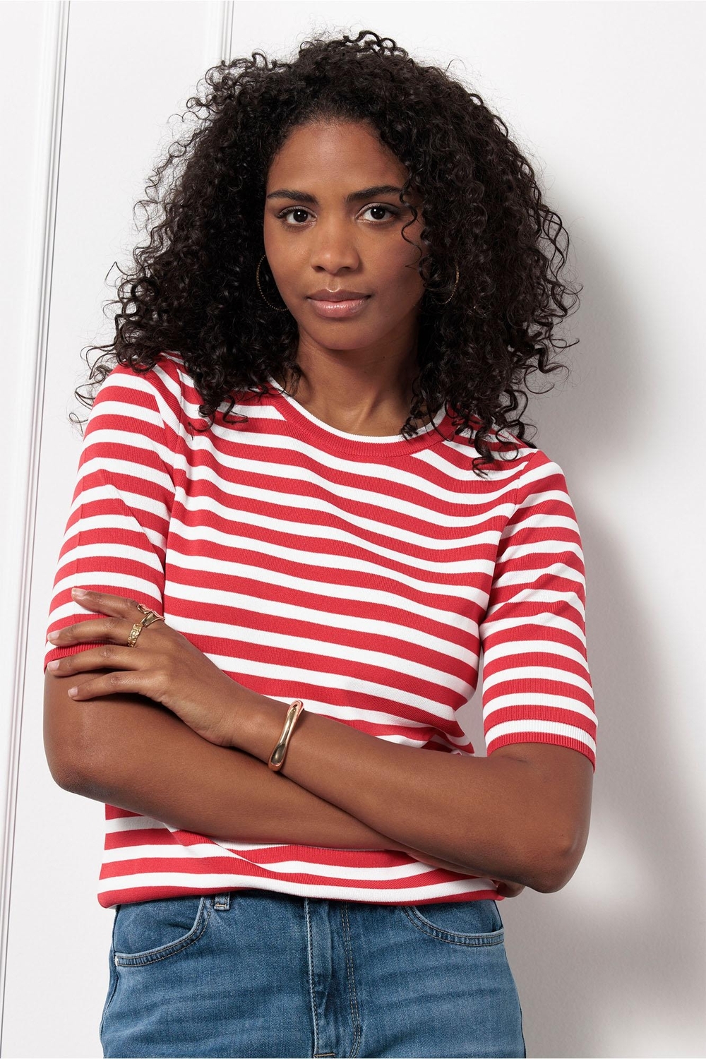 Studio Anneloes Luna Ssl Stripe Pullover 12735 Trui Korte Mouw 2811 Coral Red/offwhite