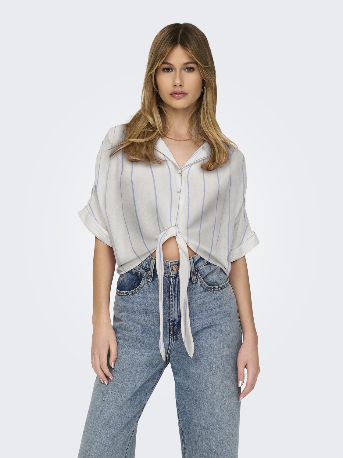 Only Onlpaula Life S/s Tie Shirt Wvn Noos Blouse Cloud Dancer Wide Blue Bonnet Stripe