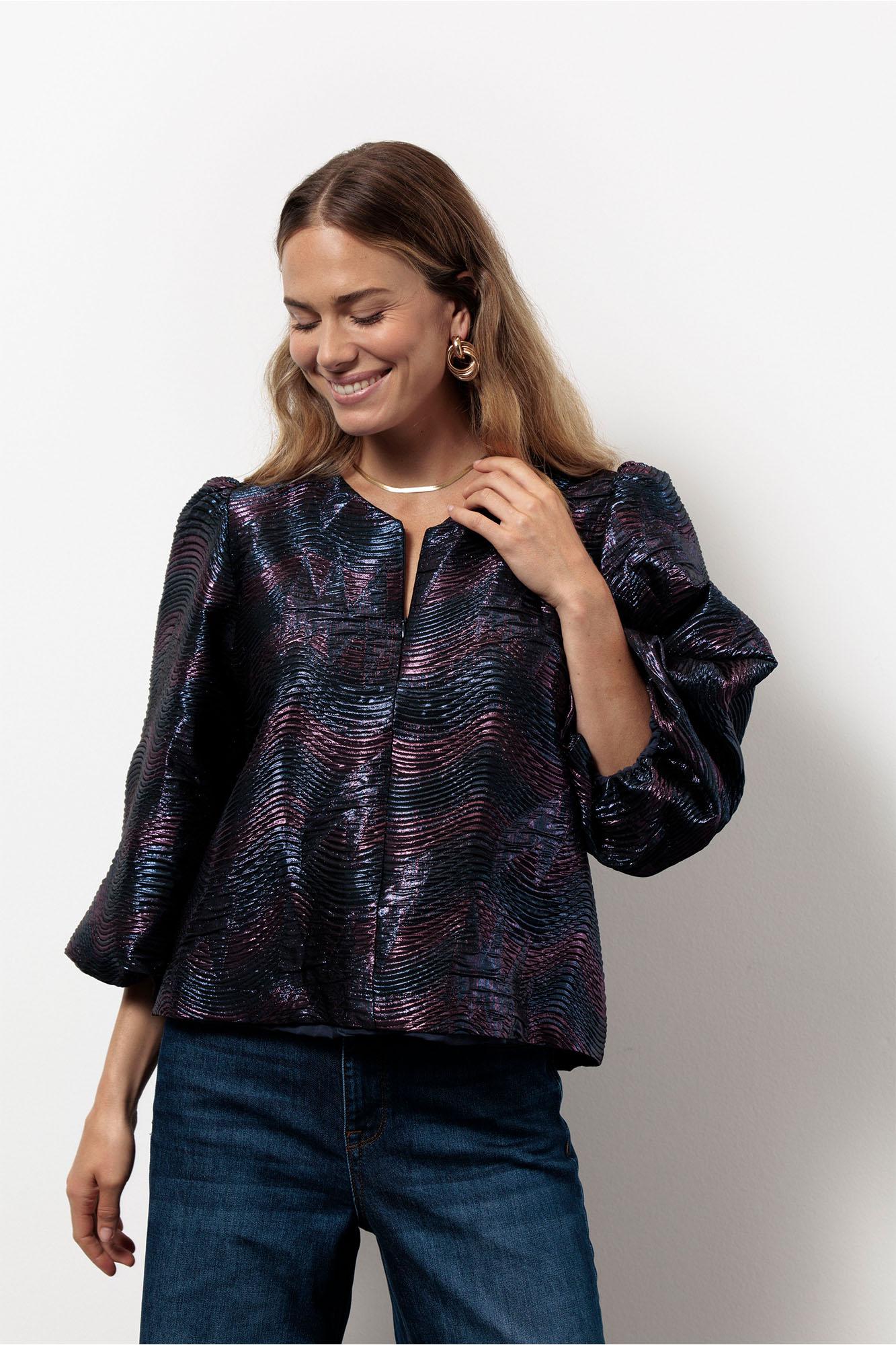 Studio Anneloes Eliza Wave Jacquard Top 13394 T shirt Lange Mouw 6945 Dark Blue Vintage Berry