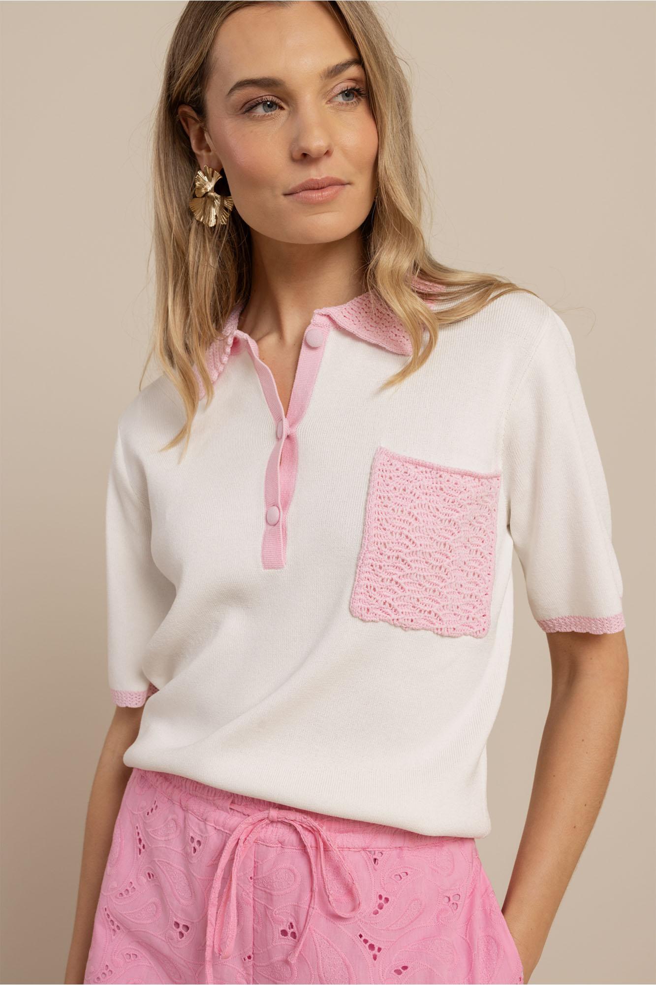 Studio Anneloes Jemy Crochet Polo 13915 Poloshirts 1744 Ecru pop Pink