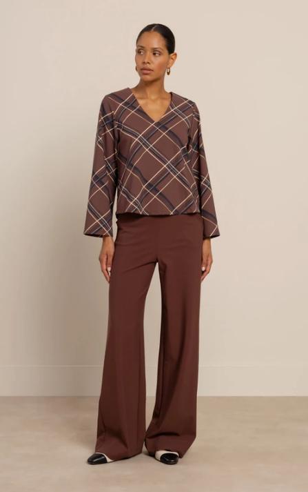 Studio Anneloes Cindy Check Top 14079 T-shirt Lange Mouw 8687 Chestnut/espresso