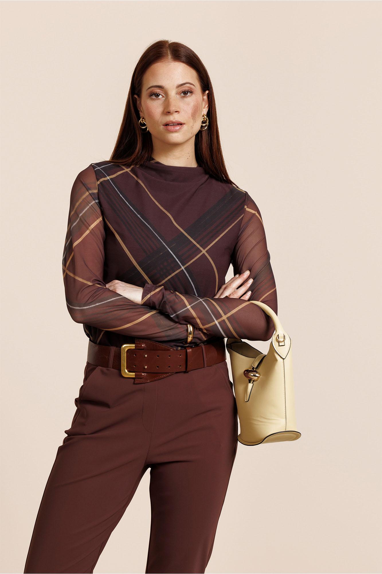 Studio Anneloes Rachel Check Mesh Top 14133 T-shirt Lange Mouw 8600 Chestnut