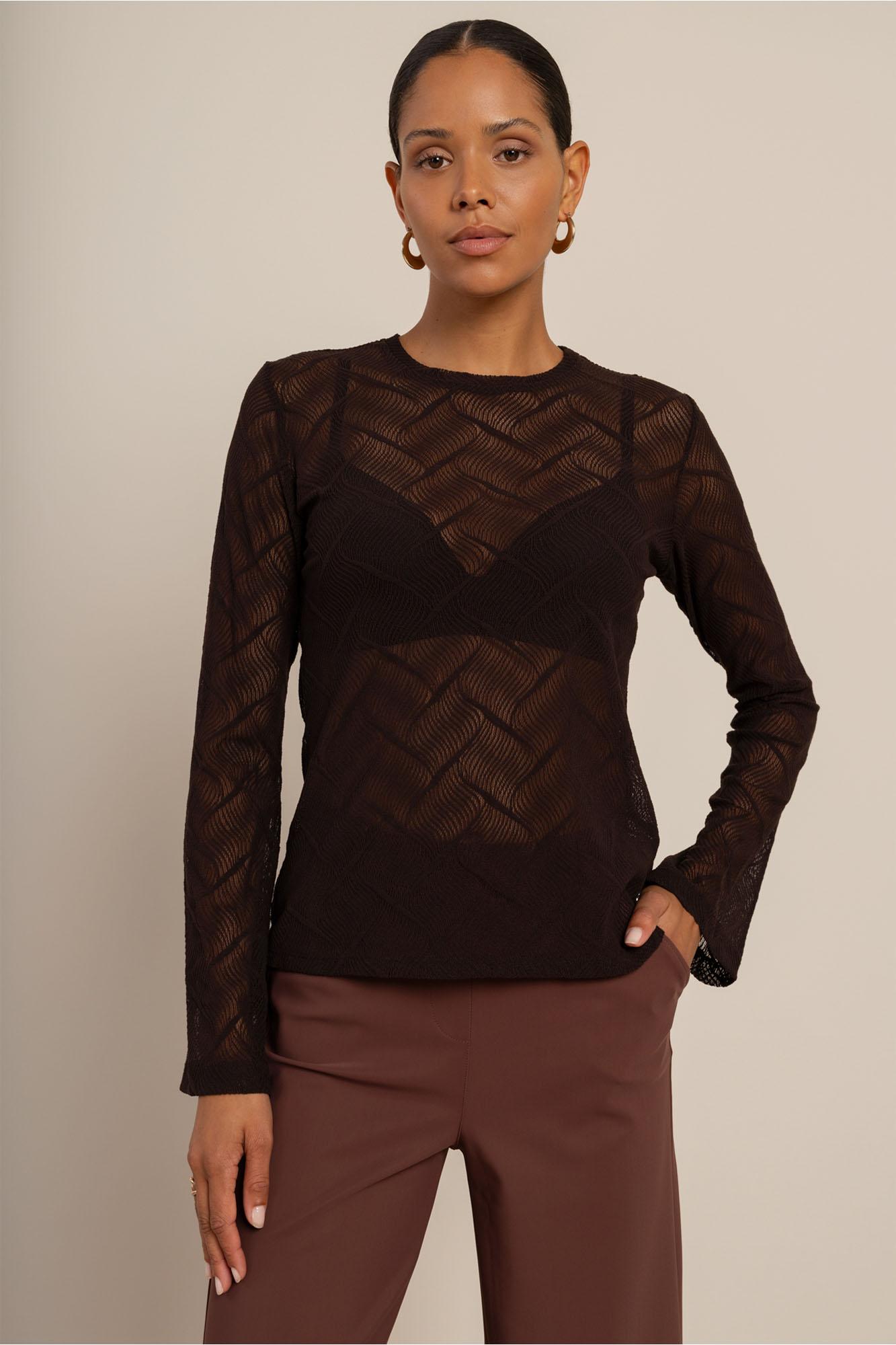 Studio Anneloes Reagan Flaire Lace Top 14111 T-shirt Lange Mouw 8700 Espresso