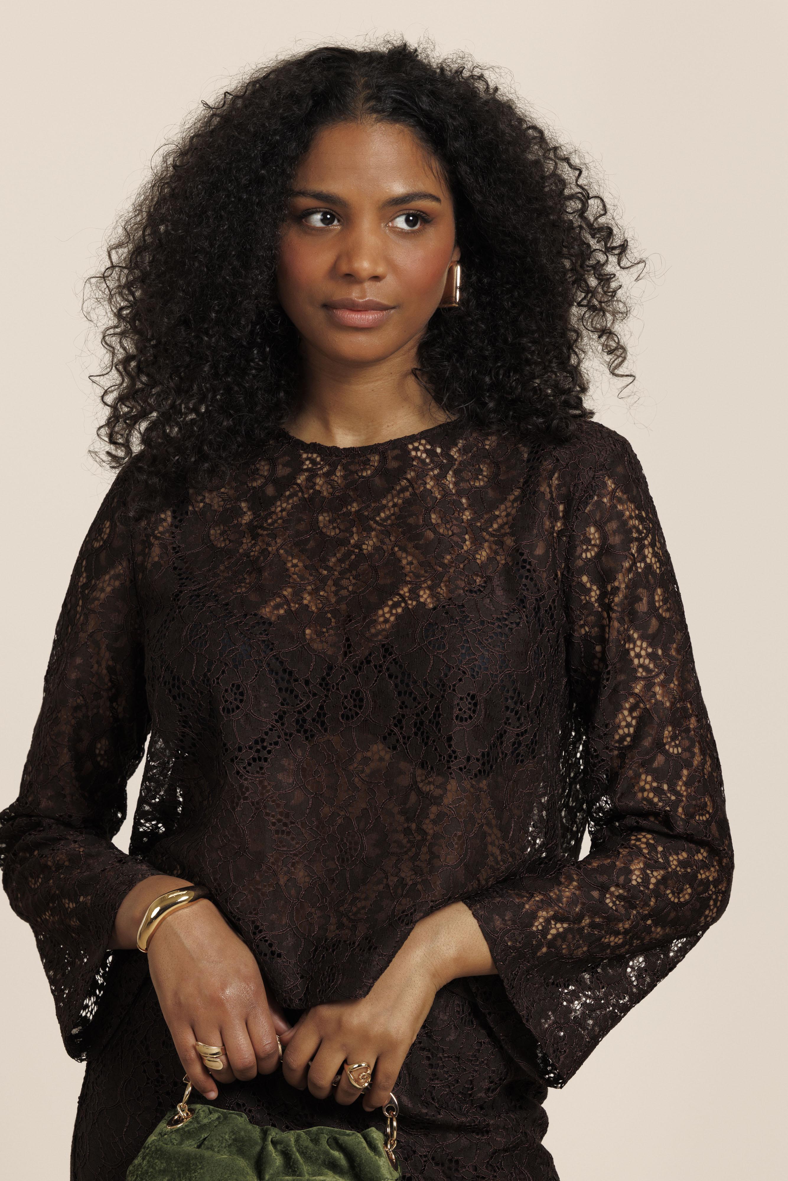 Studio Anneloes Amaya Lace Top 13757 T shirt Lange Mouw 8700 Espresso