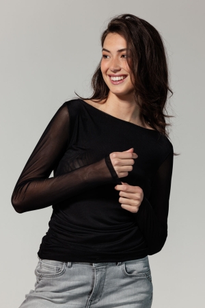 Tramontana Tramontana c17-13-401 top gathered mesh T-shirt Lange mouw 009000-black