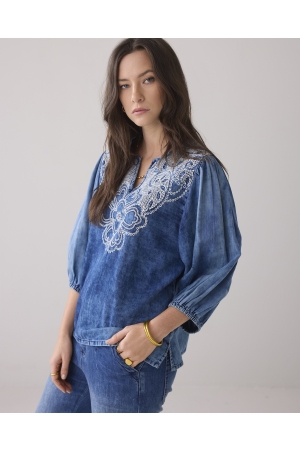 SUMMUM SUMMUM shortsleeve top cotton indigo sateen T-shirt Korte mouw 490 indigo