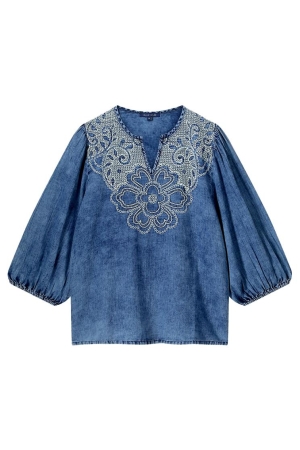SUMMUM SUMMUM shortsleeve top cotton indigo sateen T-shirt Korte mouw 490 indigo