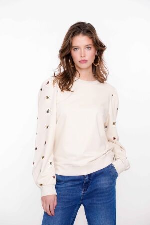 Geisha Geisha sweater embroiderd clovers 52080-21 Trui 720 sand/green combi