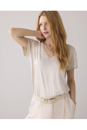 SUMMUM SUMMUM v-neck top metallic coated jersey 3s4887-30545 T-shirt Korte mouw 702 pebble beige