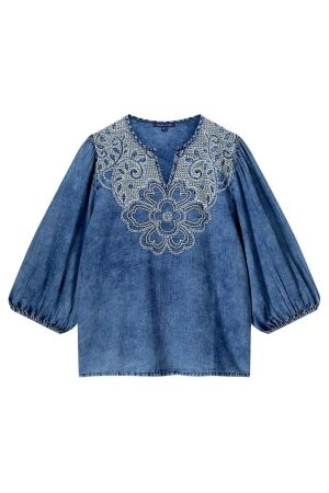 SUMMUM SUMMUM shortsleeve top cotton indigo sateen T-shirt Korte mouw 490 indigo
