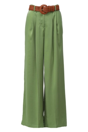 K-Design K-Design wijde broek in satijn look met riem a675 Broek green eyes