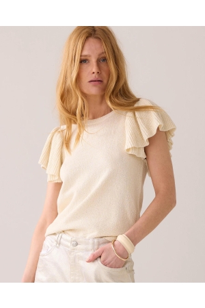 SUMMUM SUMMUM quinty: sleeveless volant top rustic shimmer knit T-shirt Korte mouw 122 ivory