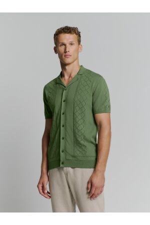 No- Excess No- Excess pullover short sleeve full button polo solid jacqu Overhemd 050 green