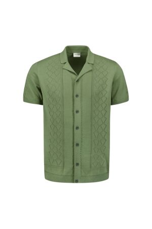 No- Excess No- Excess pullover short sleeve full button polo solid jacqu Overhemd 050 green