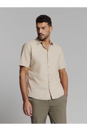 No- Excess No- Excess shirt short sleeve solid with linen Overhemd 310 light desert
