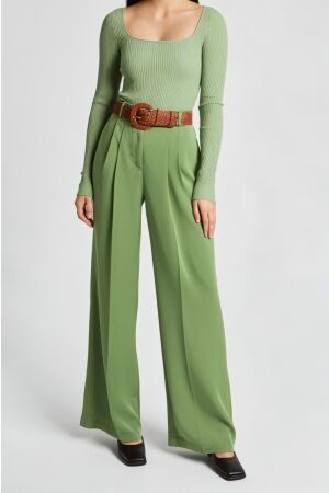 K-Design K-Design wijde broek in satijn look met riem a675 Broek green eyes