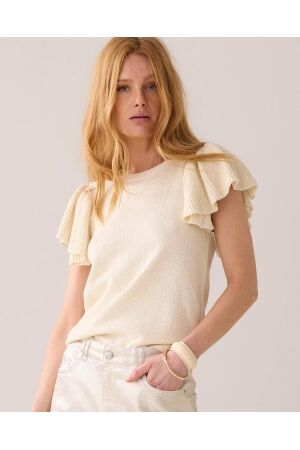 SUMMUM SUMMUM quinty: sleeveless volant top rustic shimmer knit T-shirt Korte mouw 122 ivory
