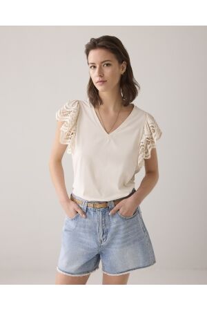SUMMUM SUMMUM butterfly sleeve top with lace 3s5025-30609 T-shirt Korte mouw 122 ivory