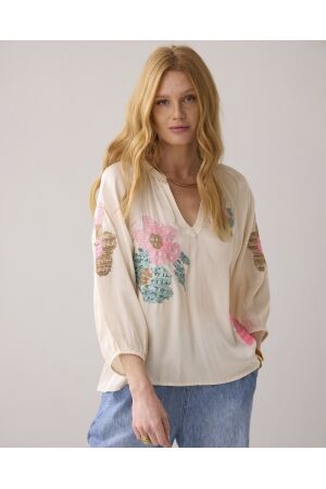 SUMMUM SUMMUM top solid satin embroidered 2s3287-12064 T-shirt Lange mouw 122 ivory