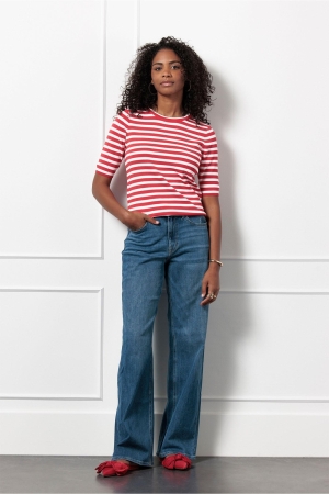 Studio Anneloes Studio Anneloes luna ssl stripe pullover 12735 Trui korte mouw 2811 coral red/offwhite