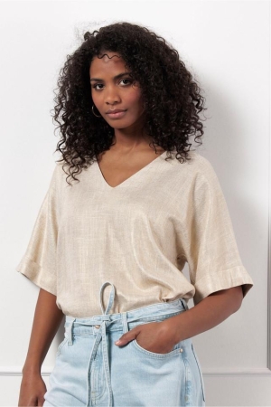 Studio Anneloes Studio Anneloes madison gold linen top 12759 T-shirt Lange mouw 0002 gold