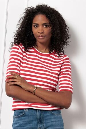 Studio Anneloes Studio Anneloes luna ssl stripe pullover 12735 Trui korte mouw 2811 coral red/offwhite