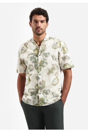 No- Excess No- Excess shirt short sleeve linen blend allover printed 314 Overhemd 050 green
