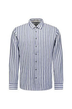 No- Excess No- Excess shirt linen vertical big stripe 31470224 Overhemd 136 indigo blue