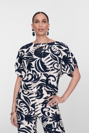 Geisha Geisha top flower bi-color 63236-26 T-shirt Korte mouw 675 navy/off-white