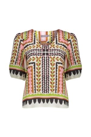 Geisha Geisha top 63255-20 T-shirt Korte mouw 718 ecru/pink/cactus