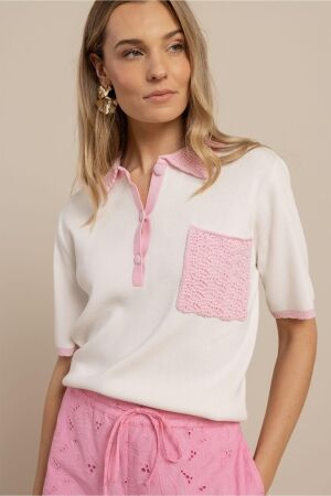 Studio Anneloes Studio Anneloes jemy crochet polo 13915 Poloshirts 1744 ecru /pop pink
