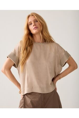 Summum Summum satin jersey mix boxy top 3s5330-30797 T-shirt Korte mouw 708 light taupe