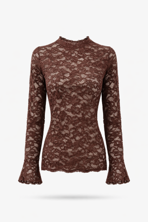 Tramontana Tramontana velvet stretch lace top  c65-21-401 T-shirt Lange mouw 002650-chocolate