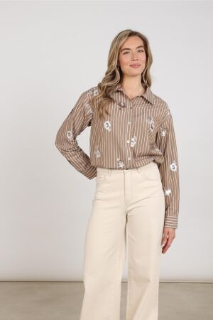 Nukus Nukus newport blouse stripe flower nkf02137 Blouse 340 taupe/offwhite