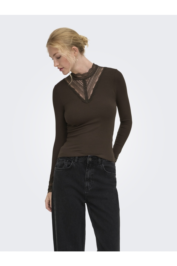 Only ONLTILDE L/S HIGH NECK LACE TOP JRS NOOS 15207788 5157232 Chocolate Torte