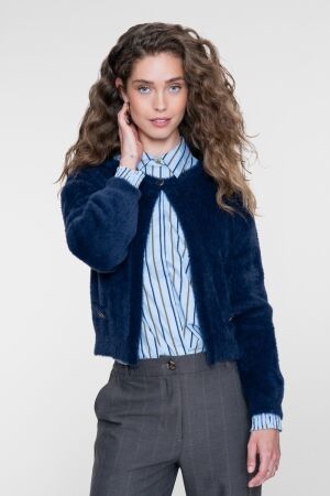 Geisha Geisha round neck hairy cadigan 64513-10 Vest 815 indigo