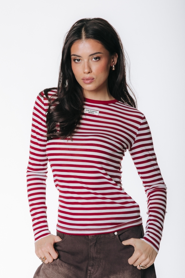 Colourful Rebel Juna Stripe Roundneck Top WT218441 600 red