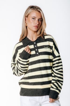 Colourful Rebel Colourful Rebel linsey striped fluffy knitted sweater wk118557 Sweater 097 brown / yellow