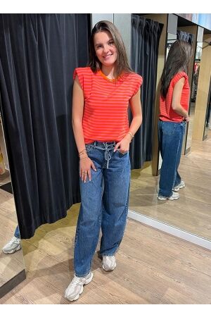 Rammani Rammani top streep 20742 T-shirt Korte mouw coral