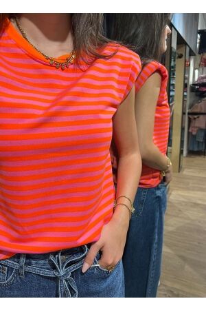 Rammani Rammani top streep 20742 T-shirt Korte mouw coral