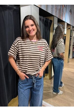 Rammani Rammani top print/streep r62313 T-shirt Korte mouw beige